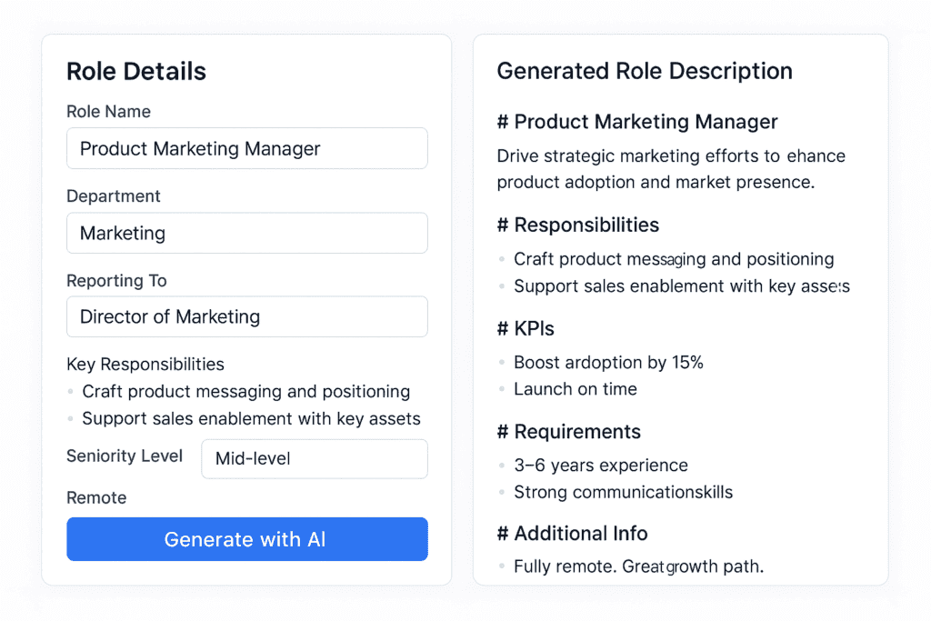 360° Candidate Intelligence interface showing role details and generated role description