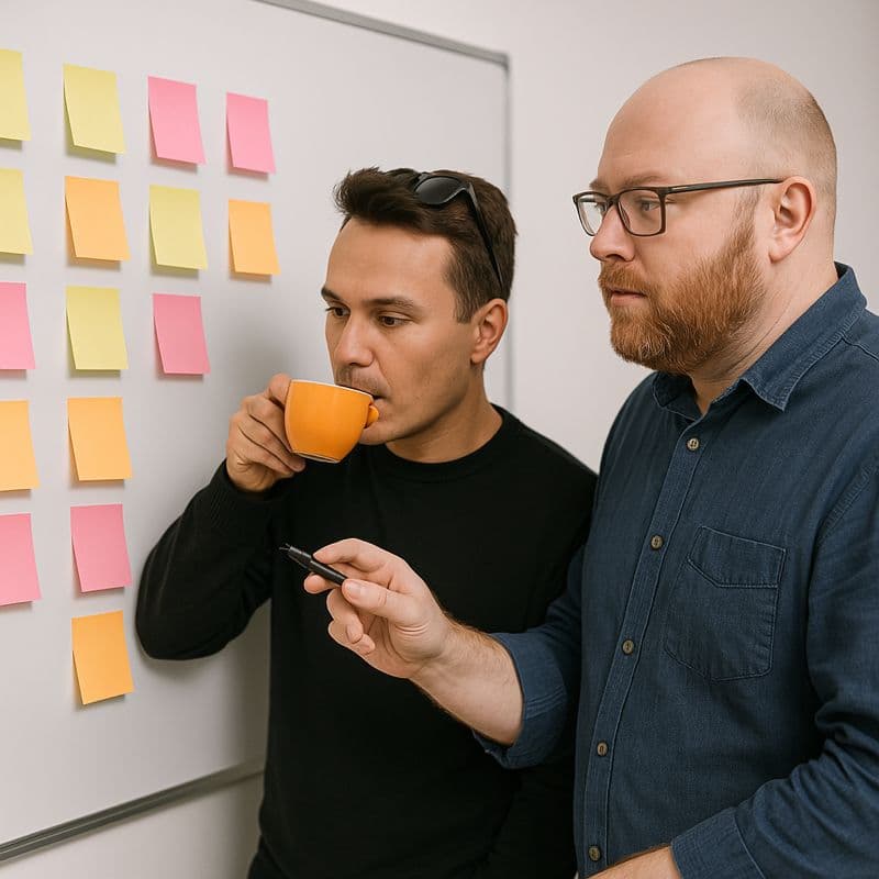 Mike and Ken planning with sticky notes