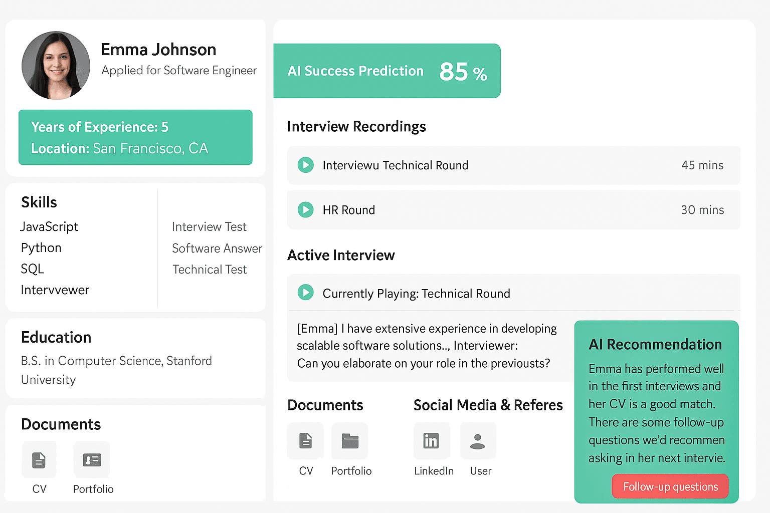 Sorta AI candidate assessment dashboard showing Emma Johnson's profile